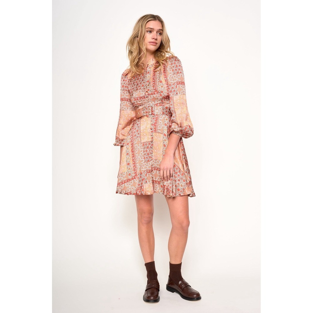 NWT Current Sedona Patchwork Belted Mini Dress in Rust & Peach Size S